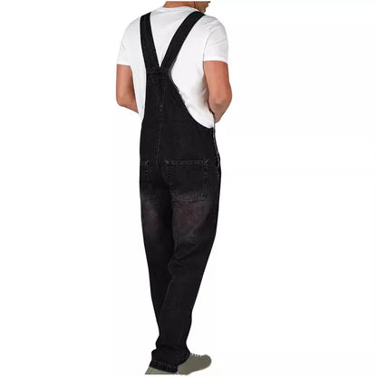 Overalls Jeans Men Ankle Length Jumpsuits Straight Pants Spliced One Piece Pockets Loose Vintage Wash Denim Casual Solid
