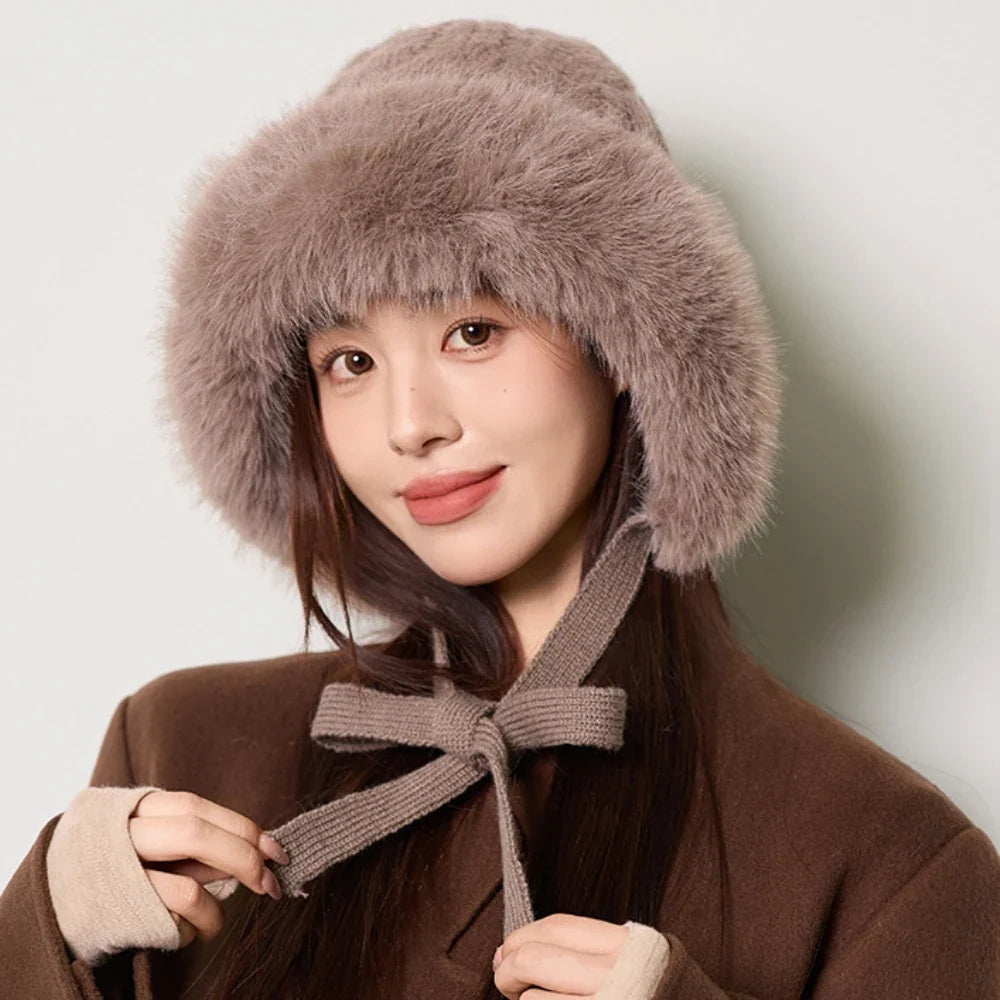 Knitted Hat New Thick Warm Winter Russian Hat Women Windproof Fluffy Fur Hat Lady Skullies Beanies Female Ski Earflap Cap