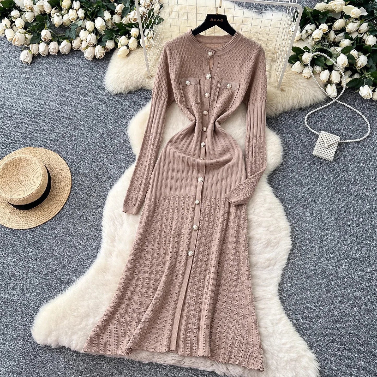 Brand Fashion Aesthetic Patchwork Knitted Maxi Dress Autumn Winter Women Luxury Shirt Sweater Dress Office Lady Vestido