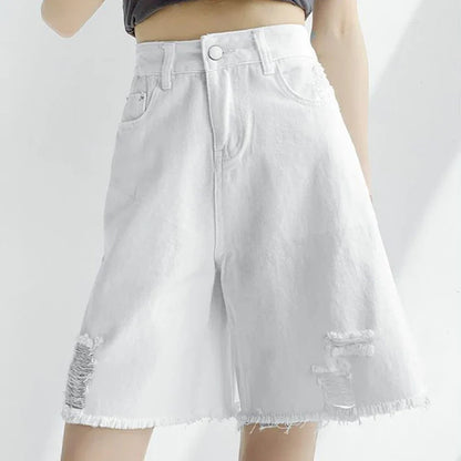 Women Tassels Denim Shorts Korean Fashion Letter Embroidery Wide Leg Shorts Casual Streetwear High Waist Female Shorts
