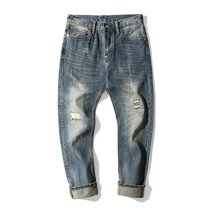 Men's Japanese Handmade Embroidered Jeans Pure Cotton Straight Tube Hip-Hop Popular Slim Red Ears Show Thin Trousers Blue MDevil