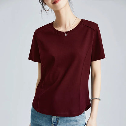 Summer Women's White Mercerized Cotton T-Shirt | 3D Stitching Round Neck Basic Top | Plus Size Slim Fit Layered Casual Blouse
