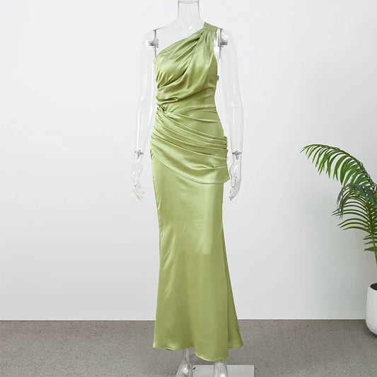 Solid Satin Cowl Neck Women's Dress Elegant Sleeveless Ruched Waist Fishtail Bodycon Lady Vestido 2026 Summer Party Dresses