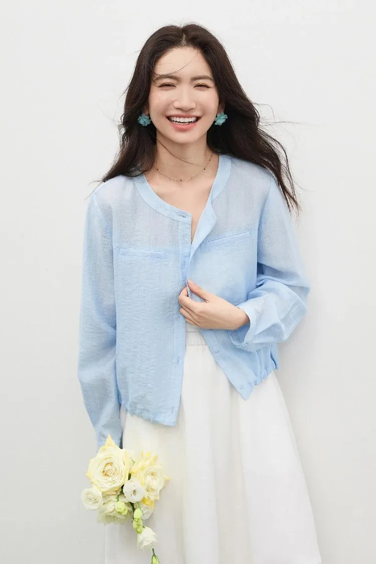Women's Oversized Lyocell Shirt 2026 Spring Summer Round Neck Long Sleeve Drawstring Sheer Casual Top 161WB5014