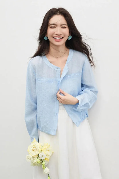 Women's Oversized Lyocell Shirt 2026 Spring Summer Round Neck Long Sleeve Drawstring Sheer Casual Top 161WB5014