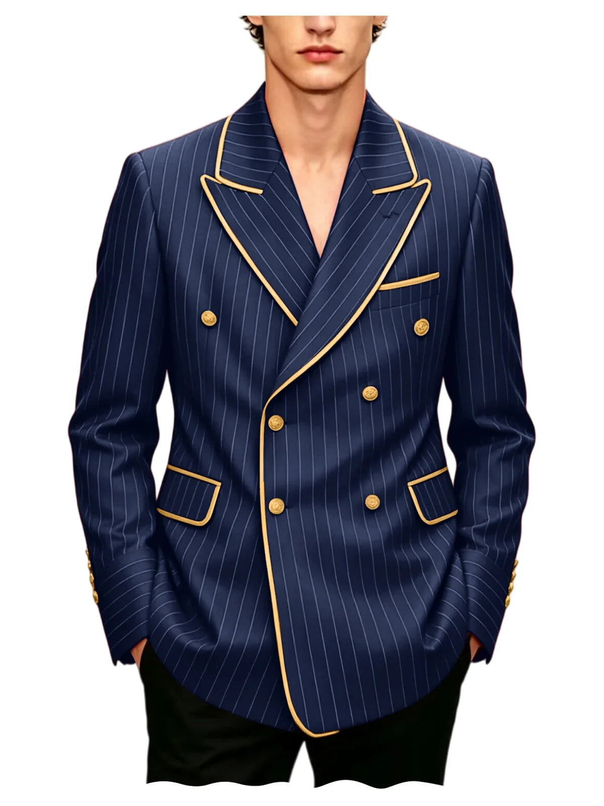 Luxury Men's Pinstripe Blazer Gold Trim Peak Lapel Formal Suit Breathable Lightweight Jacket for Business Party Wedding Coat