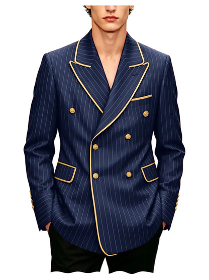 Luxury Men's Pinstripe Blazer Gold Trim Peak Lapel Formal Suit Breathable Lightweight Jacket for Business Party Wedding Coat