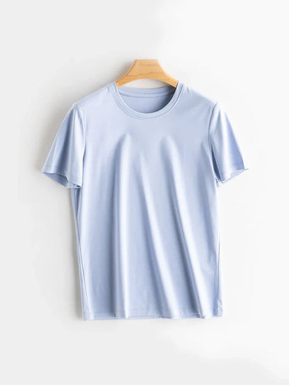 Women Solid T shirts, Silk Cotton Blend, O Neck, Short Sleeved Solid Tee,2025 Summer Candy Colors Basic Cozy Top Green