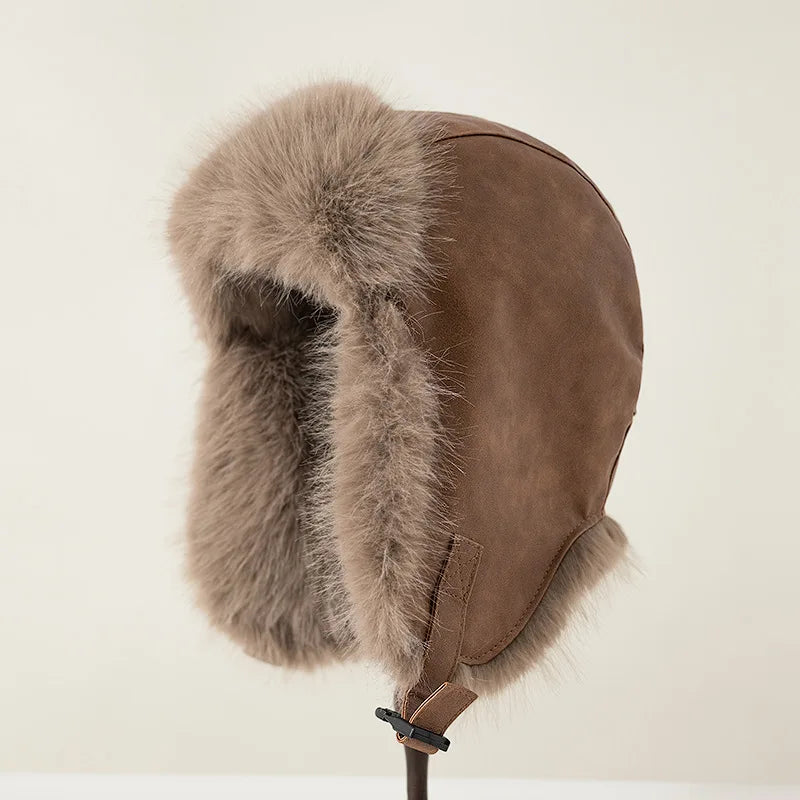 Women Winter Windproof Cold Proof Hat Man Warm Leather Pilot Hats Adult Long Fur Ear Protection Cap