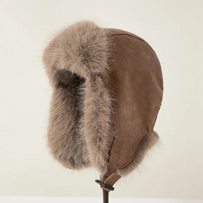 Women Winter Windproof Cold Proof Hat Man Warm Leather Pilot Hats Adult Long Fur Ear Protection Cap