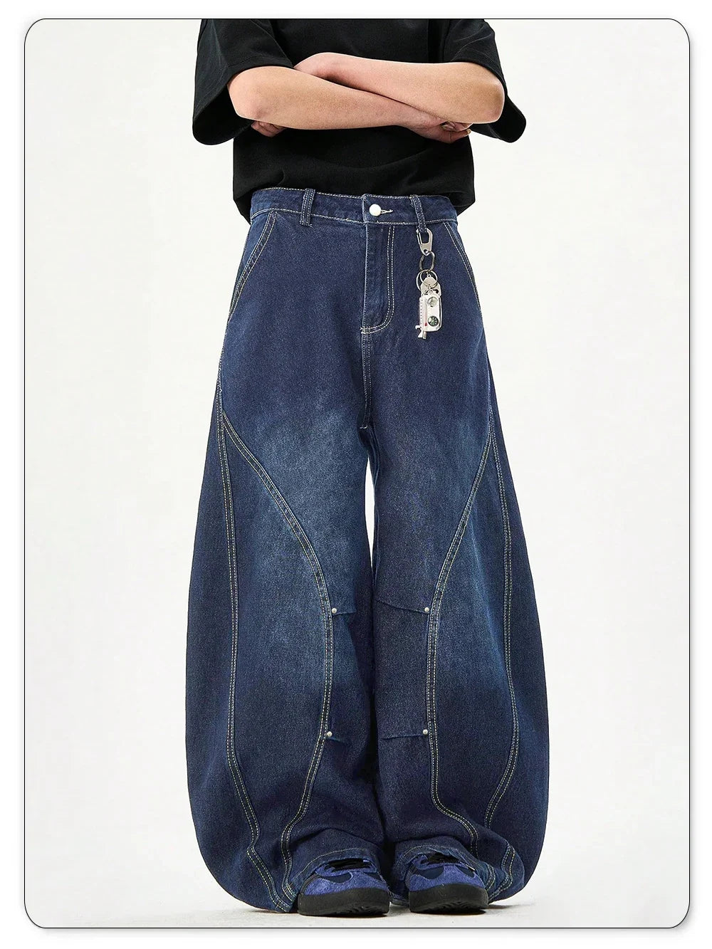 Men's American Retro Blue Loose Machete Wide Leg Jeans Unisex Baggy Straight Leg Sickle Denim Pants Deconstructed Balloon Pants