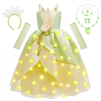 Tiana Fancy Girls Princess Costume Kid Carnival Dress Cosplay Floral LED Light Up Clothing Halloween Girls Christmas Party 2-11T