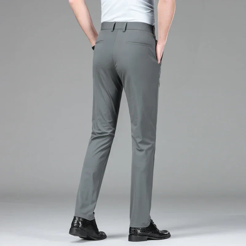 New Summer Men's Ice Silk High Stretch Business Suit Pants Male Army Green Blue Elastic Formal Office Straight Formal Trousers
