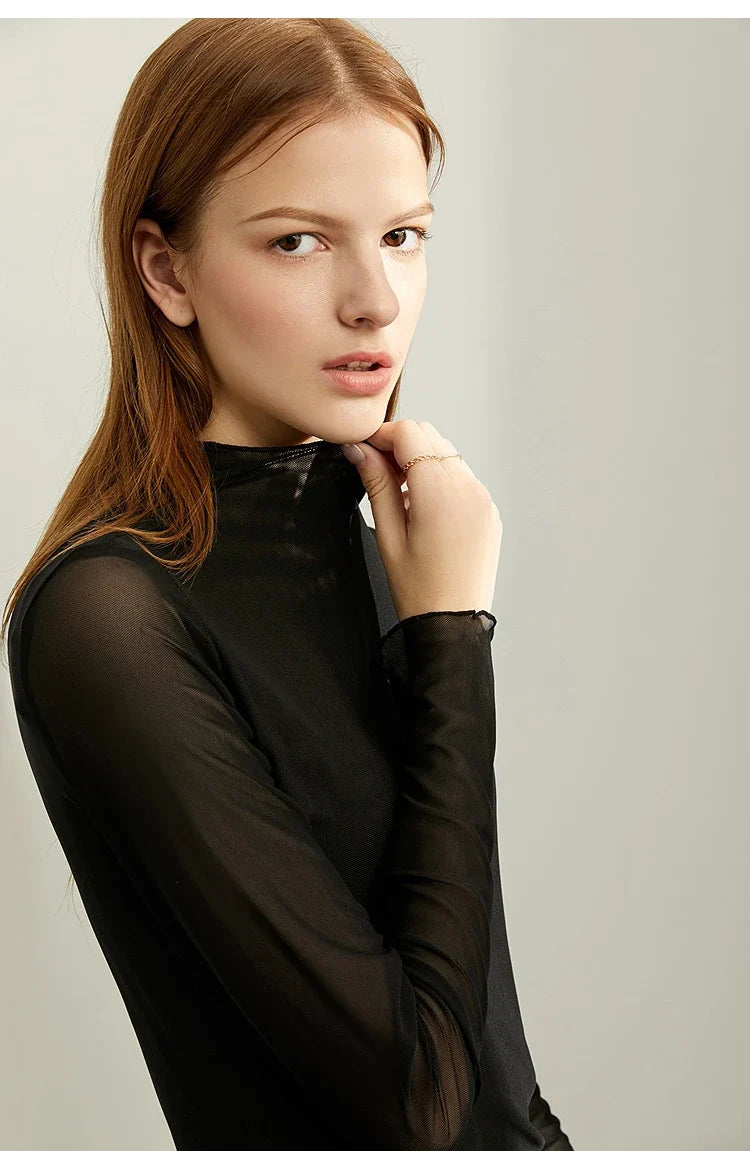 T-shirt Women's Autumn 2025 New Semi-turtleneck Long Sleeve T-shirt Slim-fitting Casual Bottoming Shirt Mesh Top 12421001