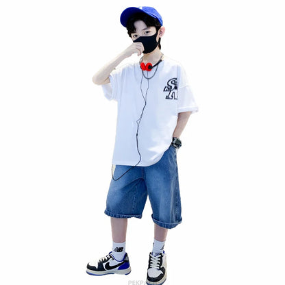 Boys New Summer Clothing Set Kids Short Sleeve T-shirt + Denim Shorts 2pc Sports Outfits for Kids Child Casual Cartoon Tracksuit