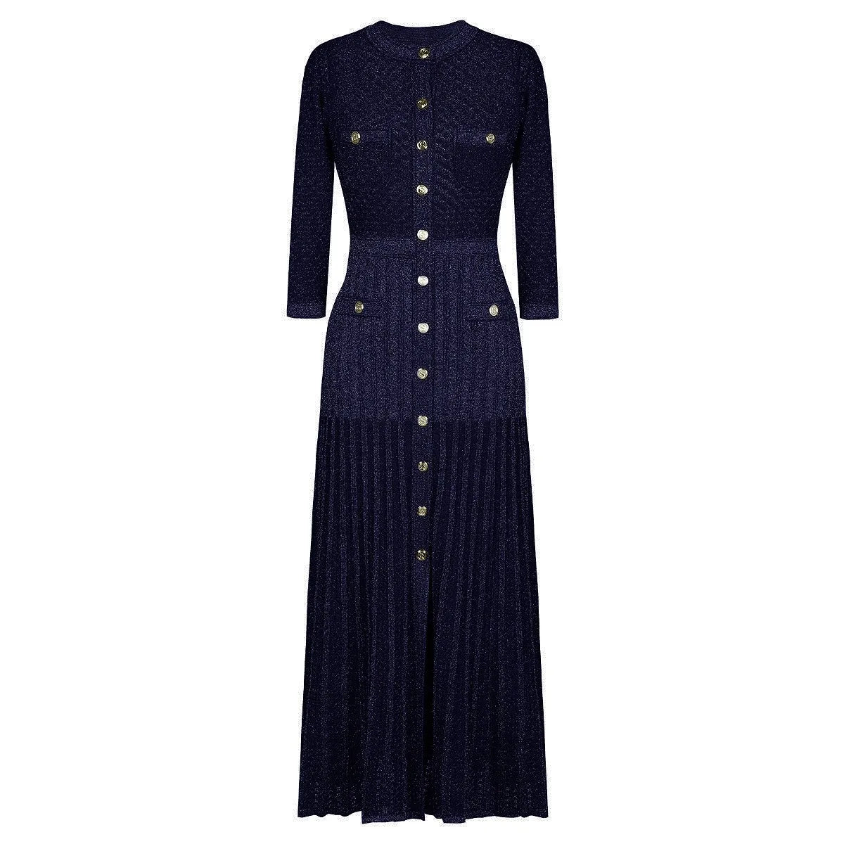 High Quality Fashionable Elastic Bright Silk Knitted Round Neck 7-inch Sleeve Single Row Button Lace Slim Fit Women's Dress