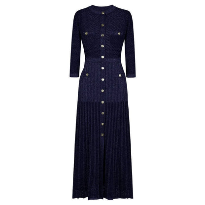 High Quality Fashionable Elastic Bright Silk Knitted Round Neck 7-inch Sleeve Single Row Button Lace Slim Fit Women's Dress