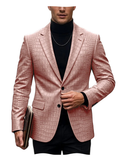 Men's Crocodile Embossed Leather Blazer British Vintage Notched Lapel Slim Fit Business Suit Jacket Two Button Flap Pockets Coat