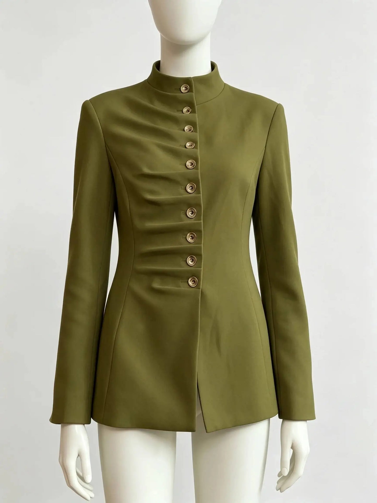Women 2026 Spring Autumn Mandarin Collar Blazer Ruched Front Multi Row Buttons Long Sleeve Fit Formal Office Outerwear Coat