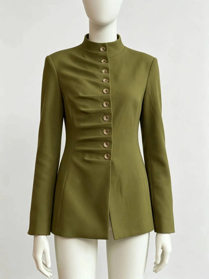 Women 2026 Spring Autumn Mandarin Collar Blazer Ruched Front Multi Row Buttons Long Sleeve Fit Formal Office Outerwear Coat