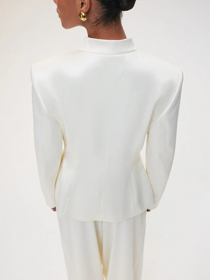 Women's Spring Summer Satin Mandarin Collar Knot Button Blazer Chic Formal Casual Wear 2026 Trendy Feminine Fashion Coat