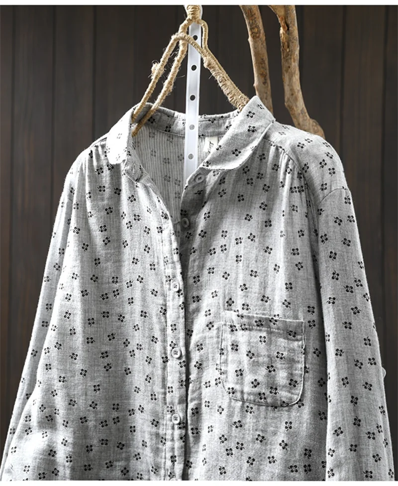 Sweet Snow Dots Print Shirt, Double Layers, Cotton Yarn, Peter Pan Collar, Long Sleeve, Casual Blouse Shirt