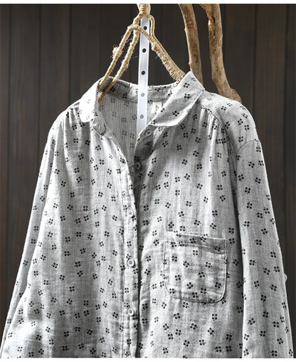 Sweet Snow Dots Print Shirt, Double Layers, Cotton Yarn, Peter Pan Collar, Long Sleeve, Casual Blouse Shirt