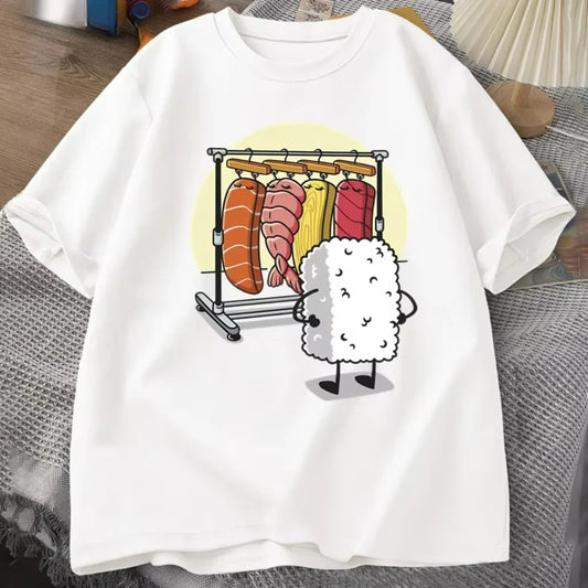 Funny Sushi Graphic Print Tshirt Casual Loose Fit Tee Daily Streetwear Top for Women Men Short Sleeve T Shirt Fashion