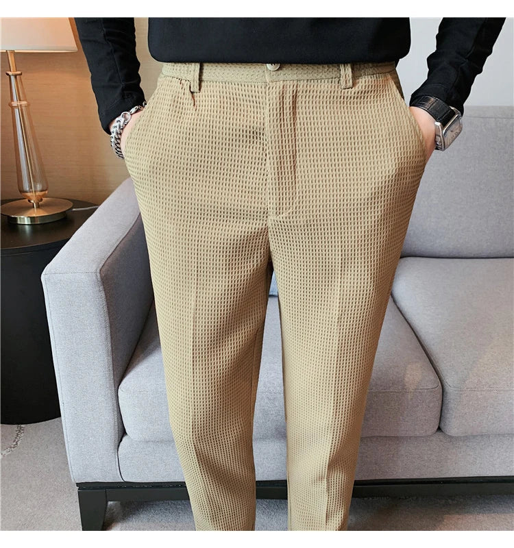 2024 Autumn New Waffle Stretch Waist Business Formal Pants Men Fashion Wedding Slim Trouser Mens Brand Social Party Suit Pants