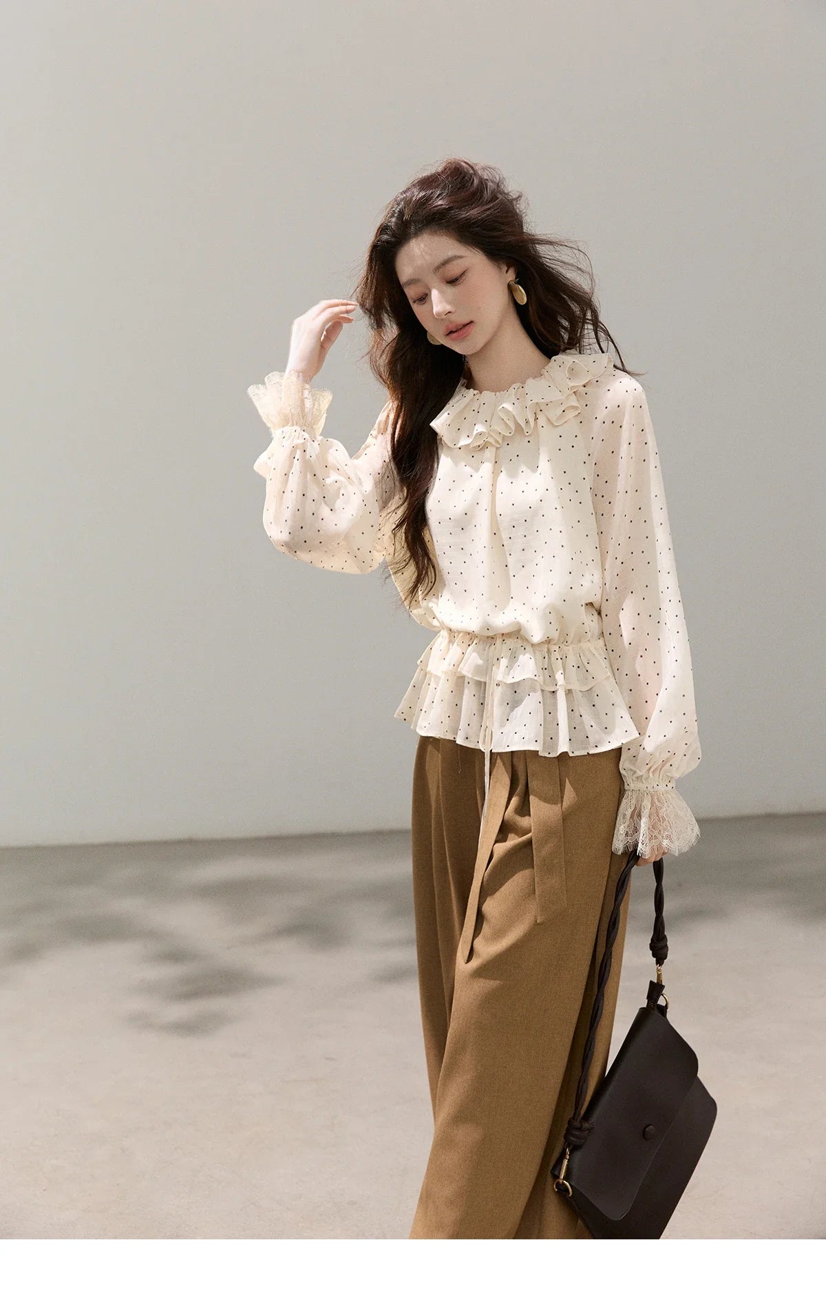 Retro Polka Dot Ruffle Chiffon Blouse 2026 Spring New Apricot Lace Cuffs Design Top Gentle Tie Shirt for Women MXF13X2530