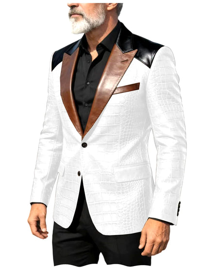 Men's Crocodile Embossed Leather Blazer Luxury Patchwork PU Leather Suit Jacket Slim Fit Peaked Lapel Casual Business Outerwear