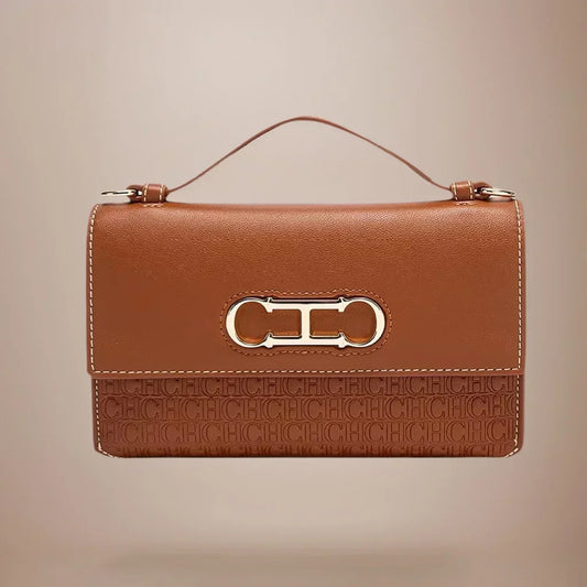 Premium Leather Handbag Monogram Embossing Metallic Clasp Portable Handle Structured Silhouette Ideal Office Evening Events