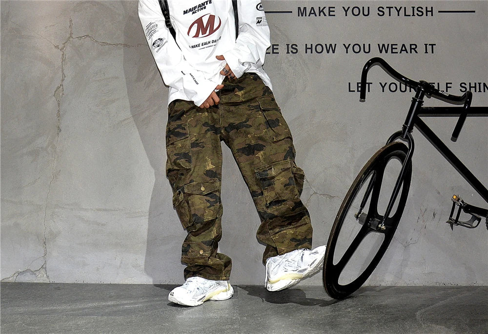 High Quality Vintage Multi-Pocket Camo Cargo Pants Mens Clothing High-End Fabric Tactical Baggy Pants Thick Casual Work Trousers