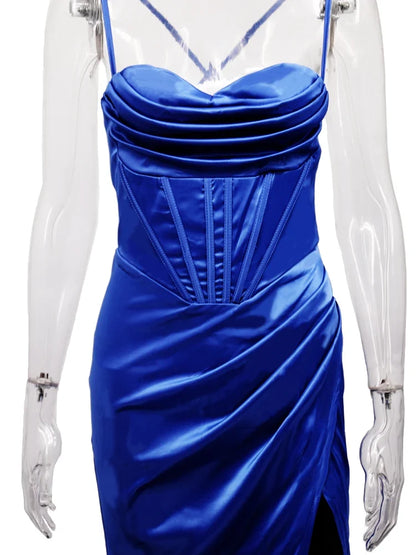 New Summer Prom Dress Women'S Sling Sleeveless Solid Color Dress One Word Neck Slim Fit Open Back Slit Red Sexy Dress