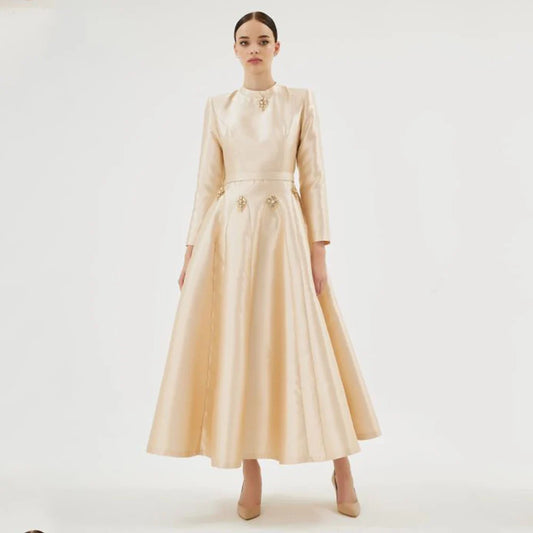 A Line Satin Evening Dress Long Sleeves Saudi Arabia Dress Ankel Length  Prom Dress Beading Long Formal Party Gown