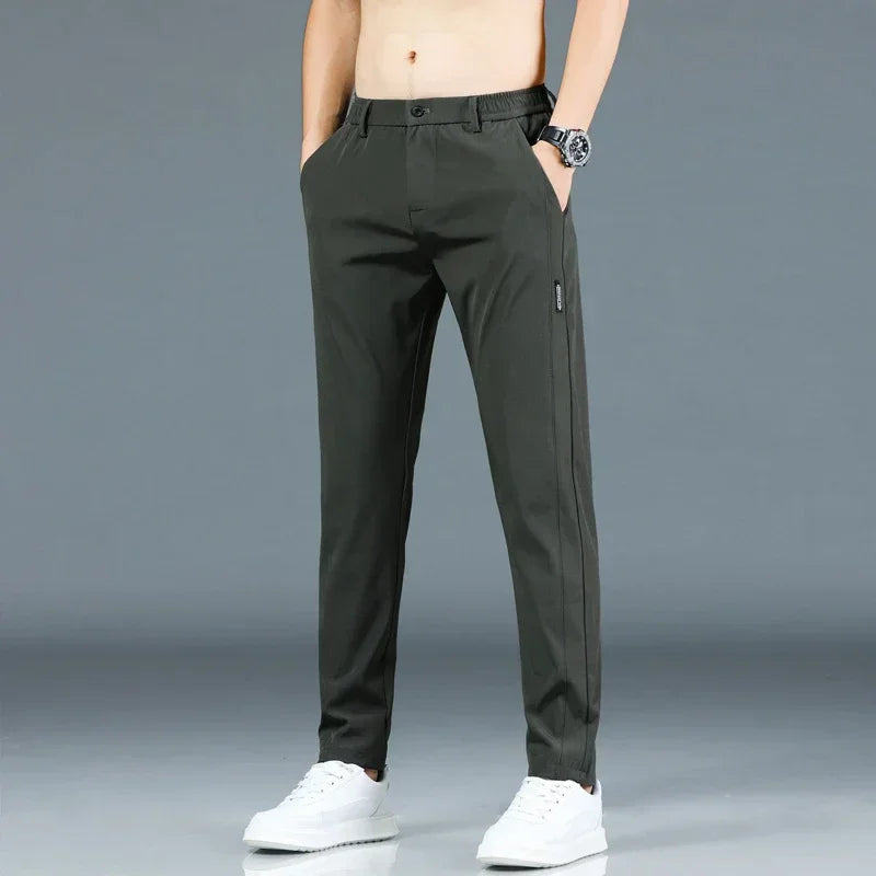 2026 Summer New Thin Ice Silk Stretch Men's Pants Casual Elastic Waist Smooth Trouser Pants Male Brand Clothing 5 Colour