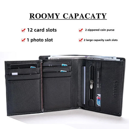 Men's Wallet Genuine Leather Wallets for Men Coin Purse Vintage Vertical Short Credit Card Holder Money Bag Men's RFID Wallet
