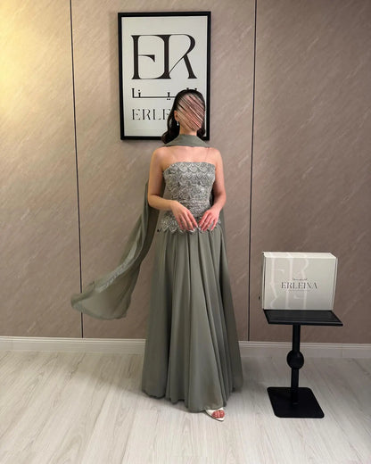 Custom Classic Evening Dress Strapless Beaded Bodice Robes De Soirée Sage Cape Shawl Bridesmaid Dress Maxi Floor Length