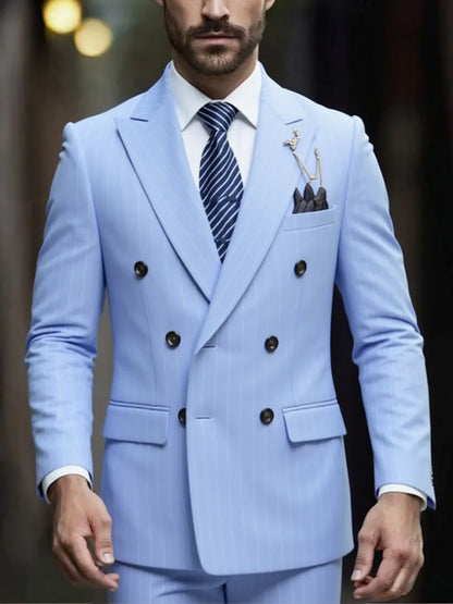 Men's Pinstripe Suit Set Classic Double Breasted Peak Lapel Slim Fit 2 Piece Blazer Pants For Business Formal Wedding