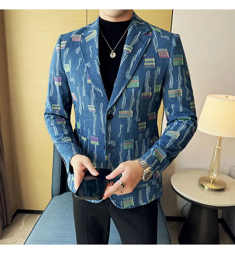 2025 New Luxury Denim Jacquard Suit Coats Men Fashion Slim Fit Suit Casual Business Party Coat Uniform Wedding Social Tailcoat