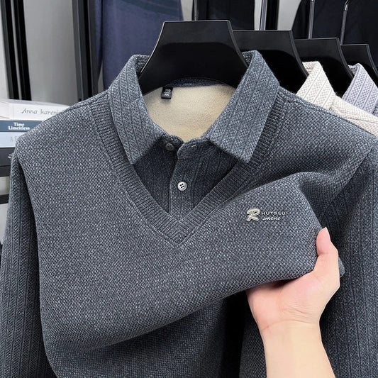 Winter Men's Vacation Two-piece Thick Woolen Sweater with A Warm Collar and Knitted Polo Base for Middle-aged and Elderly People