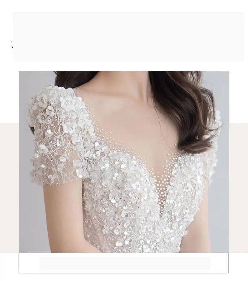 Luxury Short Sleeve Wedding Dress 2026 New Bridal Dress V Neck Beading Shinning Ball Gown Sweep Train Vestido  Noiva Customized