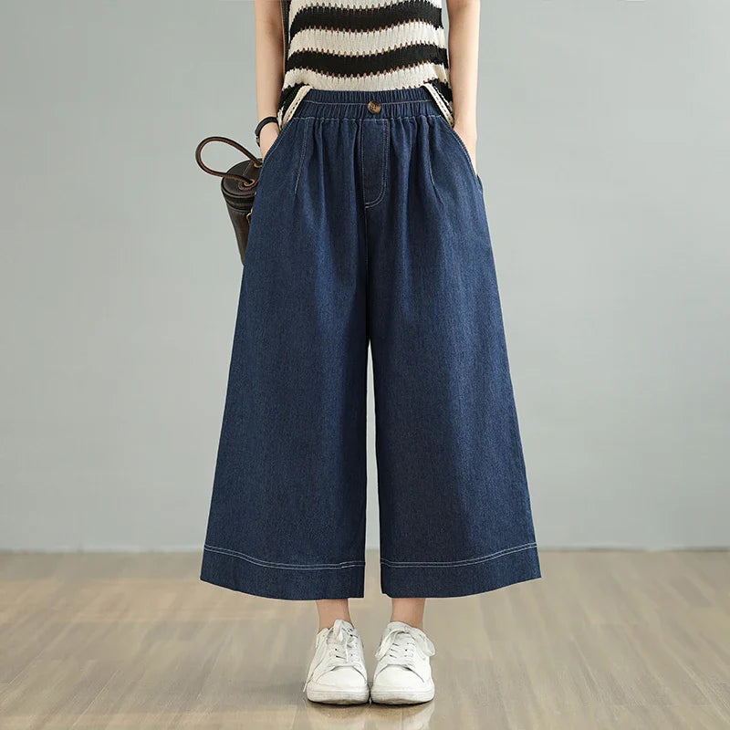 Spring 2026 plus Size Elastic Waist Denim Pants Women's Loose Wide Leg Casual Nine Point Skirt Pants High Waist Blue Jeans