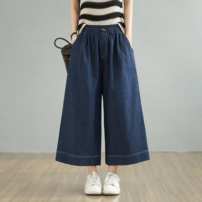 Spring 2026 plus Size Elastic Waist Denim Pants Women's Loose Wide Leg Casual Nine Point Skirt Pants High Waist Blue Jeans