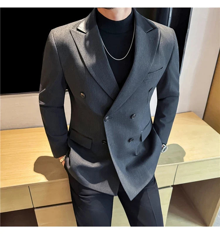(1 Pcs Jackets) New Thicken Thicken Striped Casual Suit Jacket Fashion Splicing Leather Neck Men's Business Slim Blazers Tuxedos