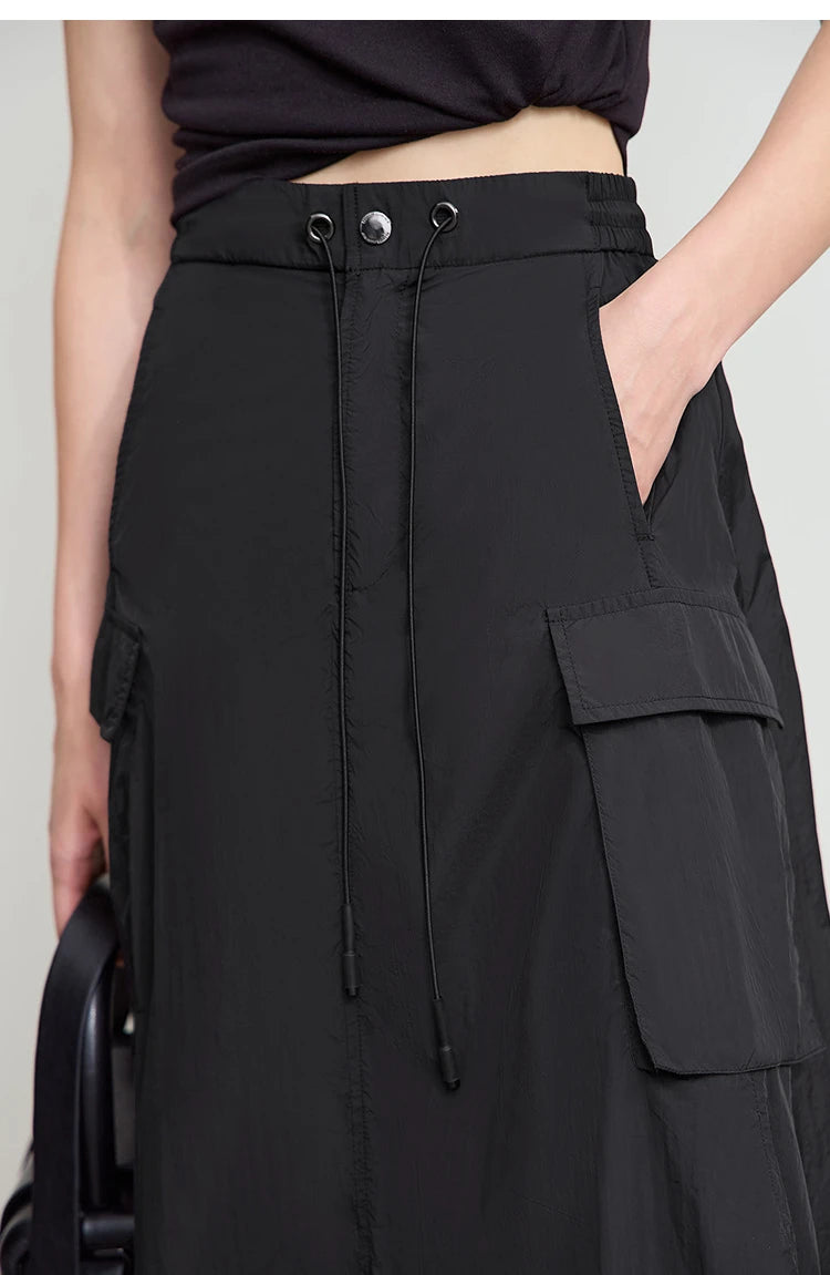 Vacation Long Skirt 2025 Summer Women Loose Sun Protection Office Lady Solid Pockets Elastic Waist Cord Slit Skirt 12542106