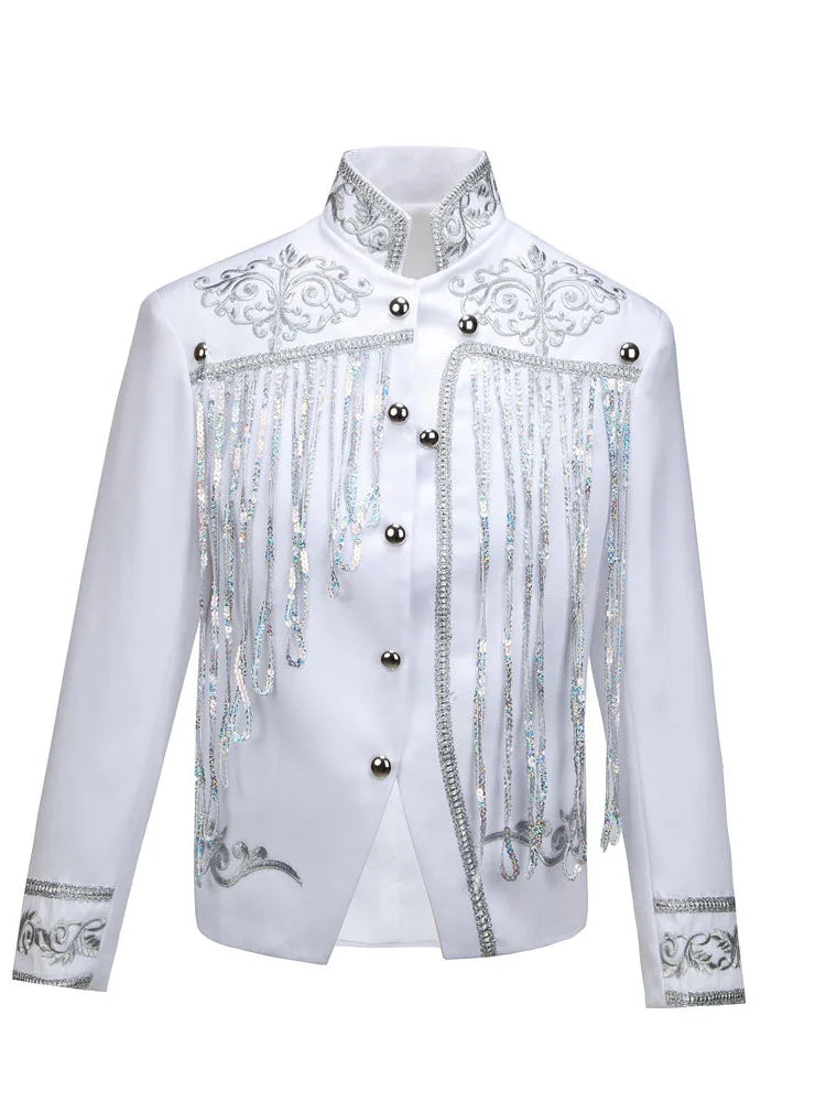 Steampunk Men's Jacket DJ Dancer Ternos White Men Costumes Clothing Black and Gold Blazer with Sequin Tassels for Performer