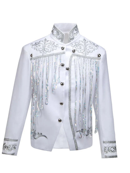 Steampunk Men's Jacket DJ Dancer Ternos White Men Costumes Clothing Black and Gold Blazer with Sequin Tassels for Performer