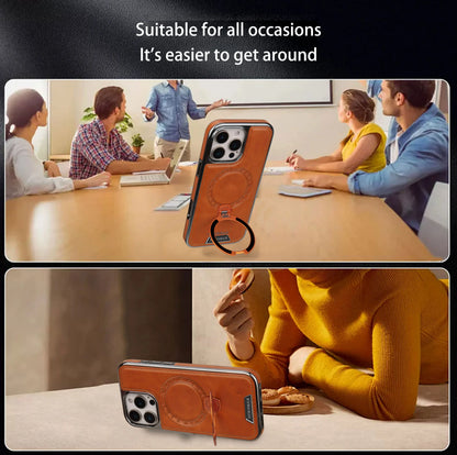 360 Rotating Bracket Luxury Magnetic Leather Phone Case For iPhone 16 17 Pro Max 15 14 13 12 Magsafe Wireless Charging Cover
