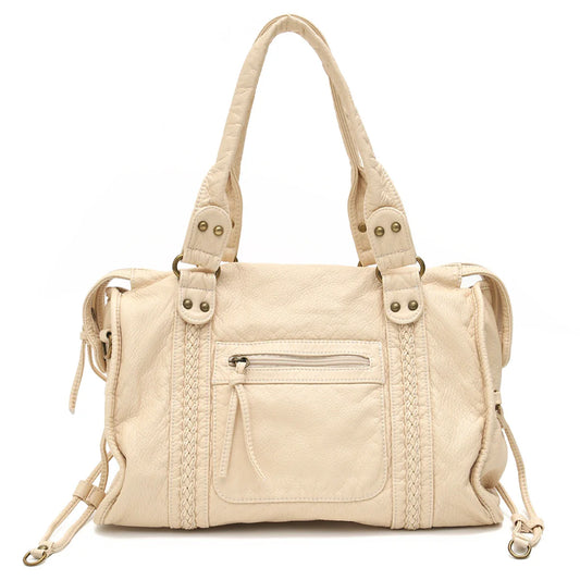 Vintage Washed PU Leather Large Capacity Tote Zip Pockets Braid Decor Shoulder Cross body Bag Unisex Women Daily Travel Handbag